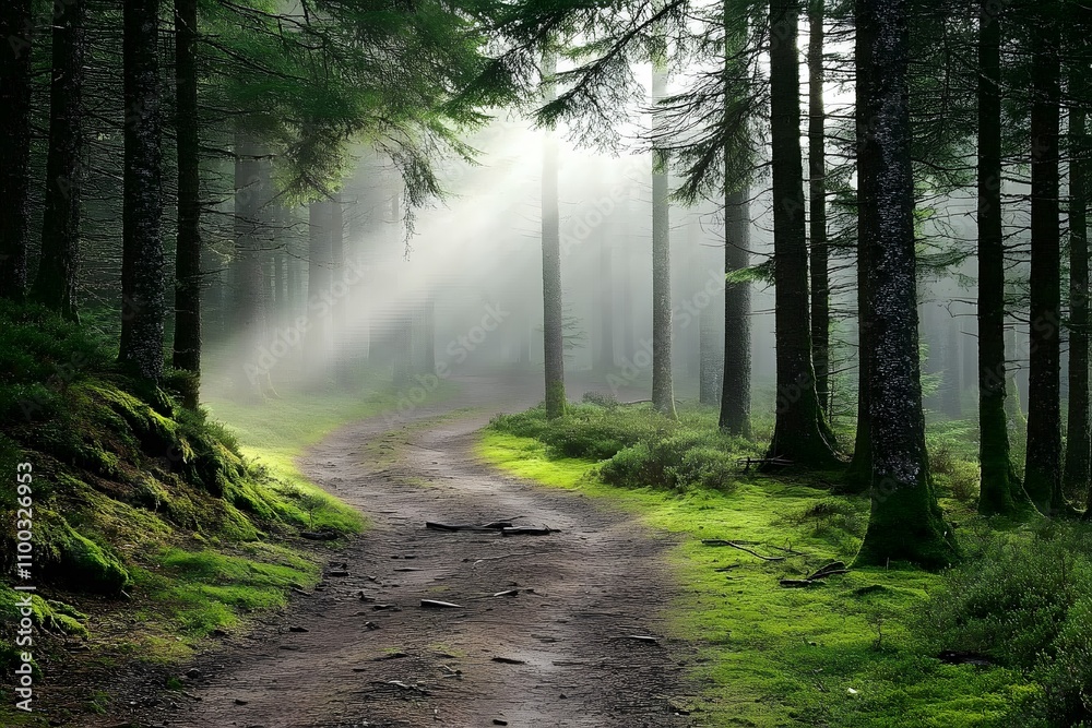 Obraz premium misty forest path winding through tall trees with mossy ground, green foliage, serene nature, and tranquil sunlight rays