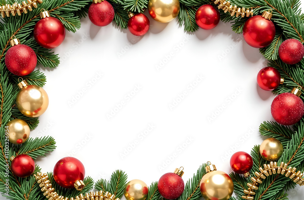 rectangular frame made of fir branches and Christmas toys and spaces