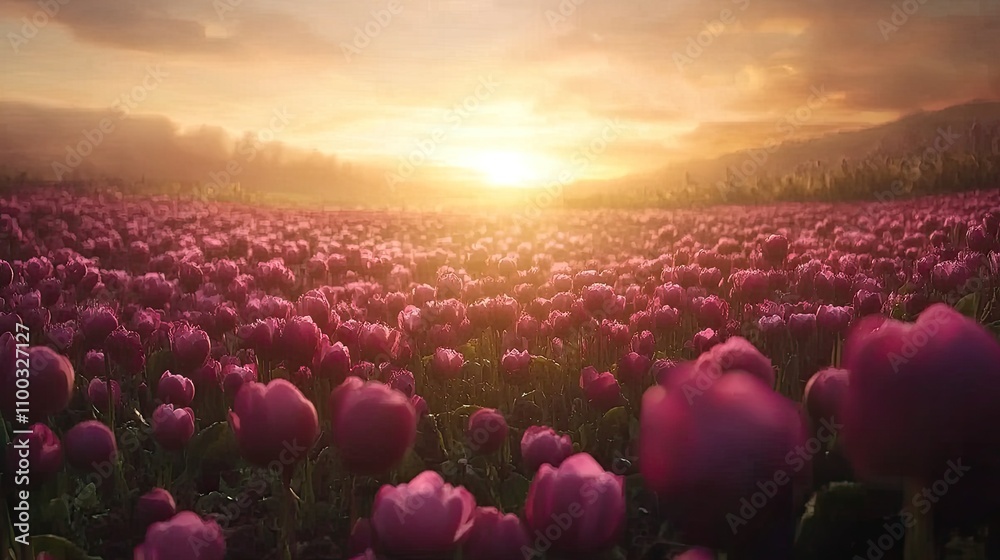 Obraz premium A vibrant lotus field under a golden sunset, showcasing rows of blooming flowers and natural beauty.