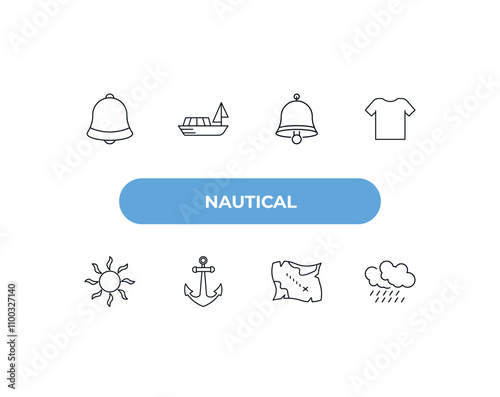 fully editable outline icon collection from nautical concept. thin line icons set such as boat bell, snorkling glasses, compass inclined, tanker ship, double paddle,
