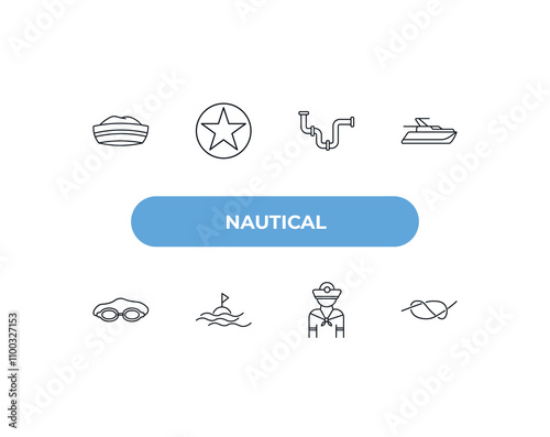 fully editable outline icon collection from nautical concept. thin line icons set such as sailor cap, big bell, shirt, rubber raft, compass,