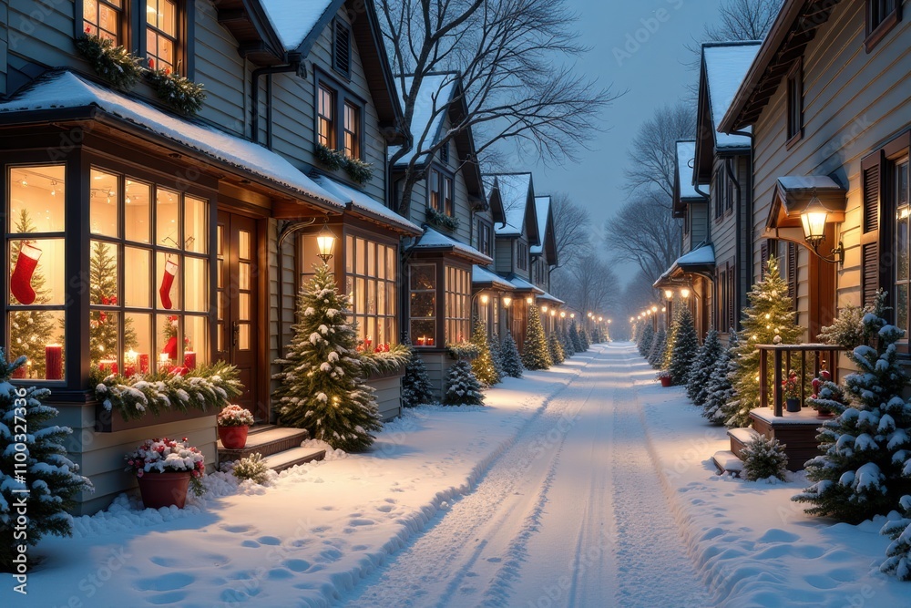 Fototapeta premium Festive winter village with snowy street and holiday decorations