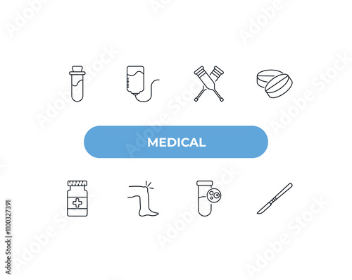 fully editable outline icon collection from medical concept. thin line icons set such as blood sample, perfusion, crutches couple, plasma, scalpel,