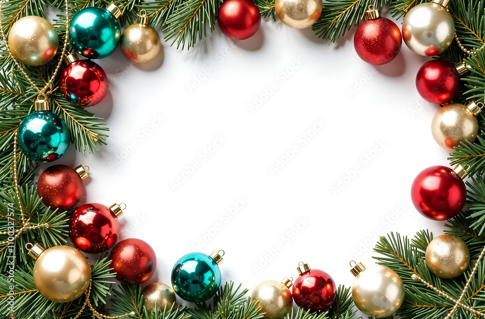 rectangular frame made of fir branches and Christmas toys and spaces