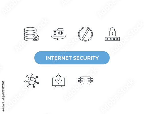 fully editable outline icon collection from internet security concept. thin line icons set such as data locked, local network, rotate camera, computer security, internet connection,