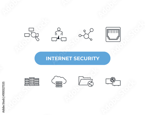 fully editable outline icon collection from internet security concept. thin line icons set such as network monitoring, network adminstrator, hub, file sharing, remote support,
