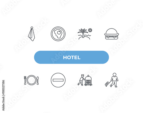 fully editable outline icon collection from hotel concept. thin line icons set such as towels, fried egg, beach, bellboy, guest,