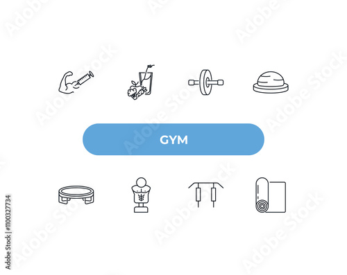 fully editable outline icon collection from gym concept. thin line icons set such as steroids, vegetables juice, fitness wheel, horizontal bar, mat for fitness,