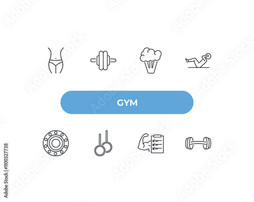 fully editable outline icon collection from gym concept. thin line icons set such as fitness body, gymnastic roller, broccoli porcion, to do list, barbell weightlifting,
