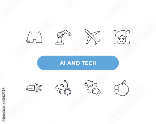 fully editable outline icon collection from ai and tech concept. thin line icons set such as ar monocle, mechanical arm, aeroplane, mind transfer, synthetic food,