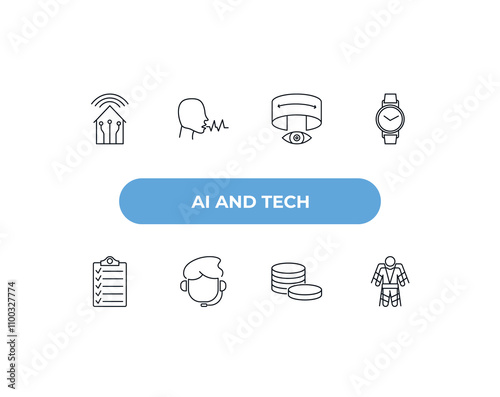 fully editable outline icon collection from ai and tech concept. thin line icons set such as smart home, voice recognition, immersive, coins, exoskeleton,