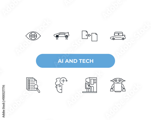 fully editable outline icon collection from ai and tech concept. thin line icons set such as bionic eye, fyling vehicle, file transfer, sensorama, shop assistant,