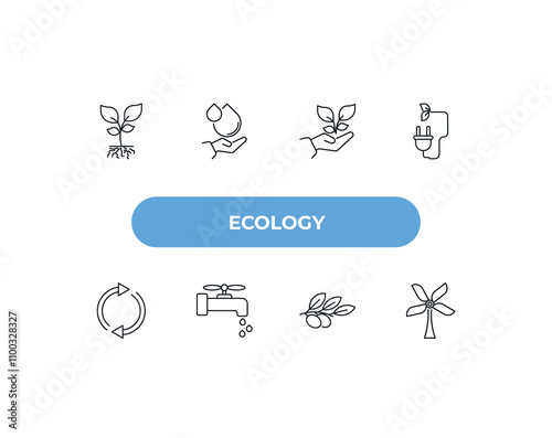 fully editable outline icon collection from ecology concept. thin line icons set such as plant and root, raindrop on a hand, plant on a hand, olives on a branch, wind mill,