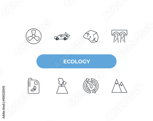 fully editable outline icon collection from ecology concept. thin line icons set such as nuclear energy, eco energy car, coal, recycling, snowy mountains,