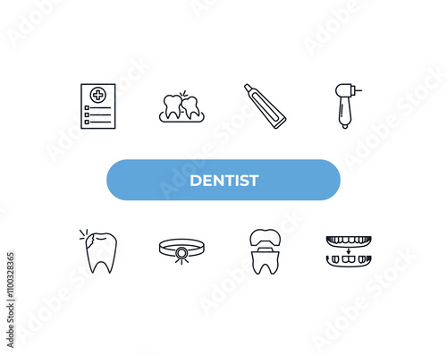 fully editable outline icon collection from dentist concept. thin line icons set such as medical list, wisdom tooth, toothpaste tube, molar crown, overdenture,