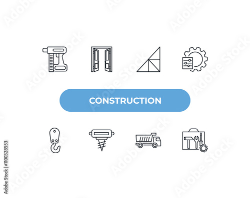 fully editable outline icon collection from construction concept. thin line icons set such as nail gun, doors open, joist, dump truck, tool bag,