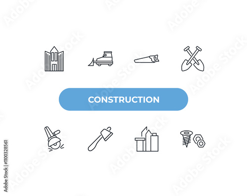 fully editable outline icon collection from construction concept. thin line icons set such as big building, little snowplow, wood saw, , two screws,