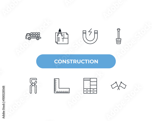 fully editable outline icon collection from construction concept. thin line icons set such as truck with load, construction plan, inclined magnet, big clo, flags crossed,