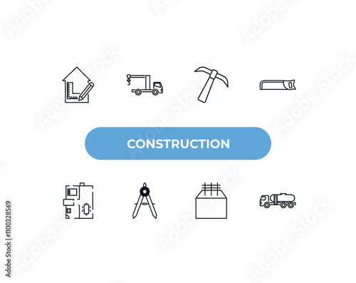 fully editable outline icon collection from construction concept. thin line icons set such as interior de, crane truck, inclined picker, concrete, tank truck,