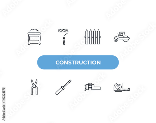 fully editable outline icon collection from construction concept. thin line icons set such as cement, roller and paint, garden fence, vise, five meters ruler,