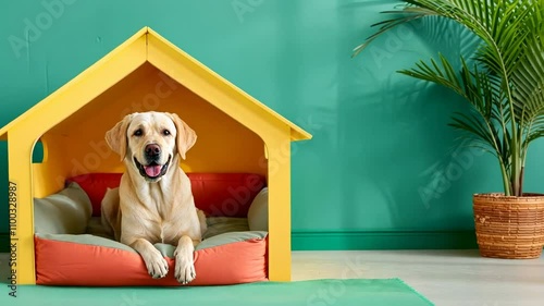 A happy Labrador retriever relaxes in a colorful doghouse beside a potted plant pet care and companionship
