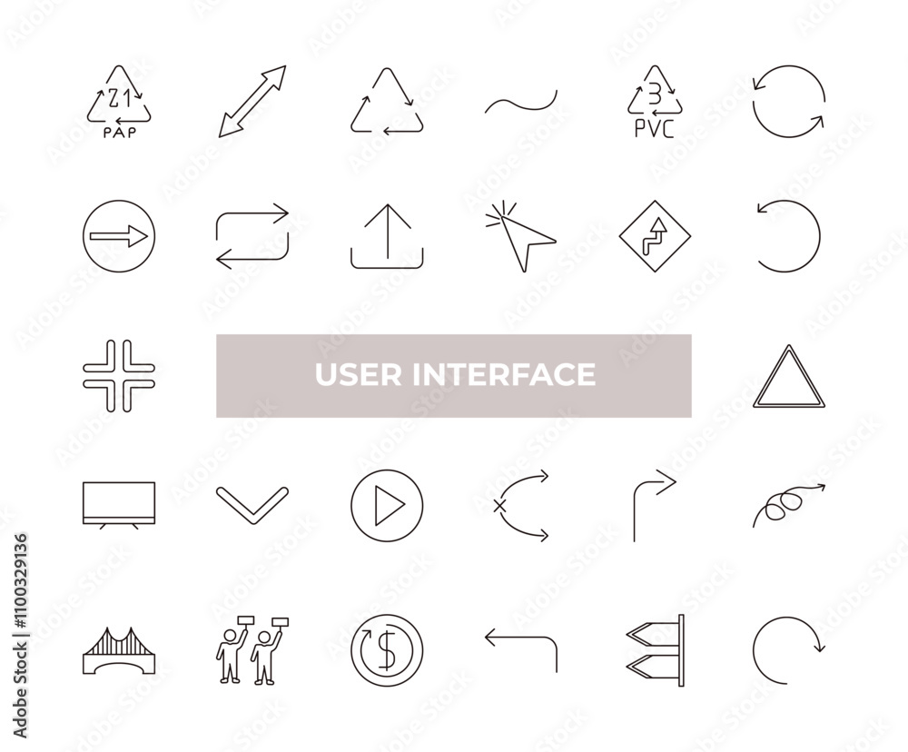 Fototapeta premium fully editable outline icon collection from user interface concept. thin line icons set such as 21 pap, scale arrows, round right arrow, blank left arrow, circular arrow,