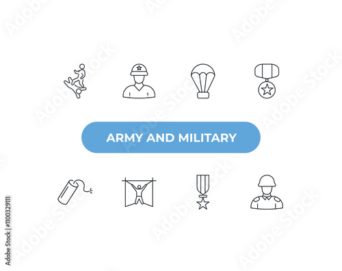 fully editable outline icon collection from army and military concept. thin line icons set such as assault, officer, parachute, militaty medal, soldier,