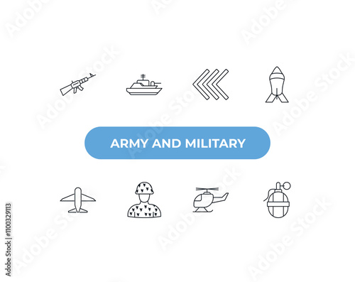 fully editable outline icon collection from army and military concept. thin line icons set such as automatic gun, army boat, chevrons, helicopter, grenade launcher,