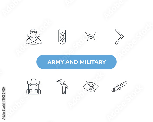 fully editable outline icon collection from army and military concept. thin line icons set such as terrorist, shoulder strap, barbed wire, stealth, military knife,
