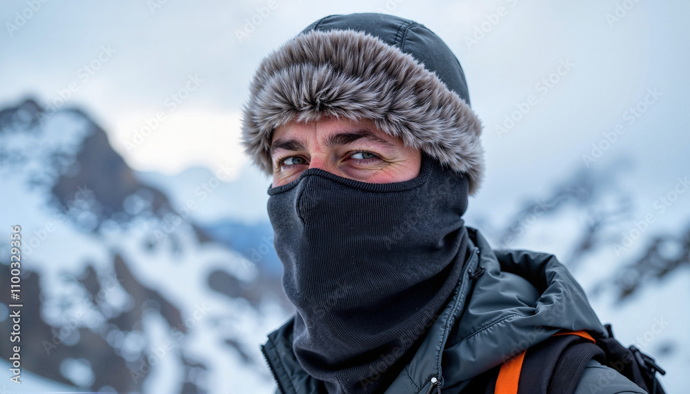 Close-up of a man in winter gear with fur-lined hood on a snowy mountain Close-up of a man in winter gear with fur-lined hood on a snowy mountain