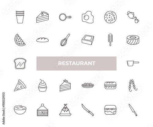 fully editable outline icon collection from restaurant concept. thin line icons set such as cardboard cup, cut cake piece, watermellon slice, complete hamburger, thin knife,