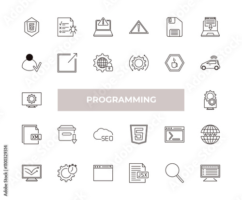 fully editable outline icon collection from programming concept. thin line icons set such as html5, bug report, authorize, search, program interface,