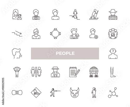 fully editable outline icon collection from people concept. thin line icons set such as mother and daughter, bussiness man, downstairs, man talking with phone, ecosystem,