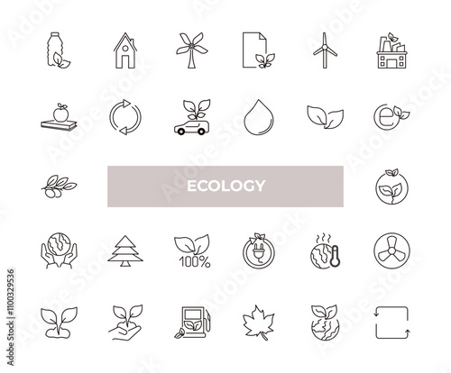 fully editable outline icon collection from ecology concept. thin line icons set such as recycled bottle, green house, and books, ecology, recycle arrows,