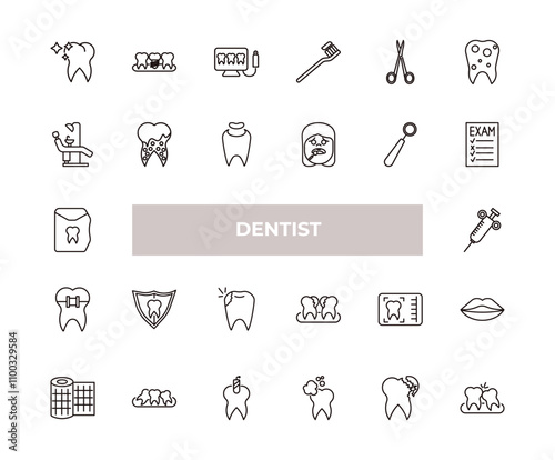 fully editable outline icon collection from dentist concept. thin line icons set such as tooth whitening, dental prosthesis, dental chair, broken tooth, wisdom tooth,
