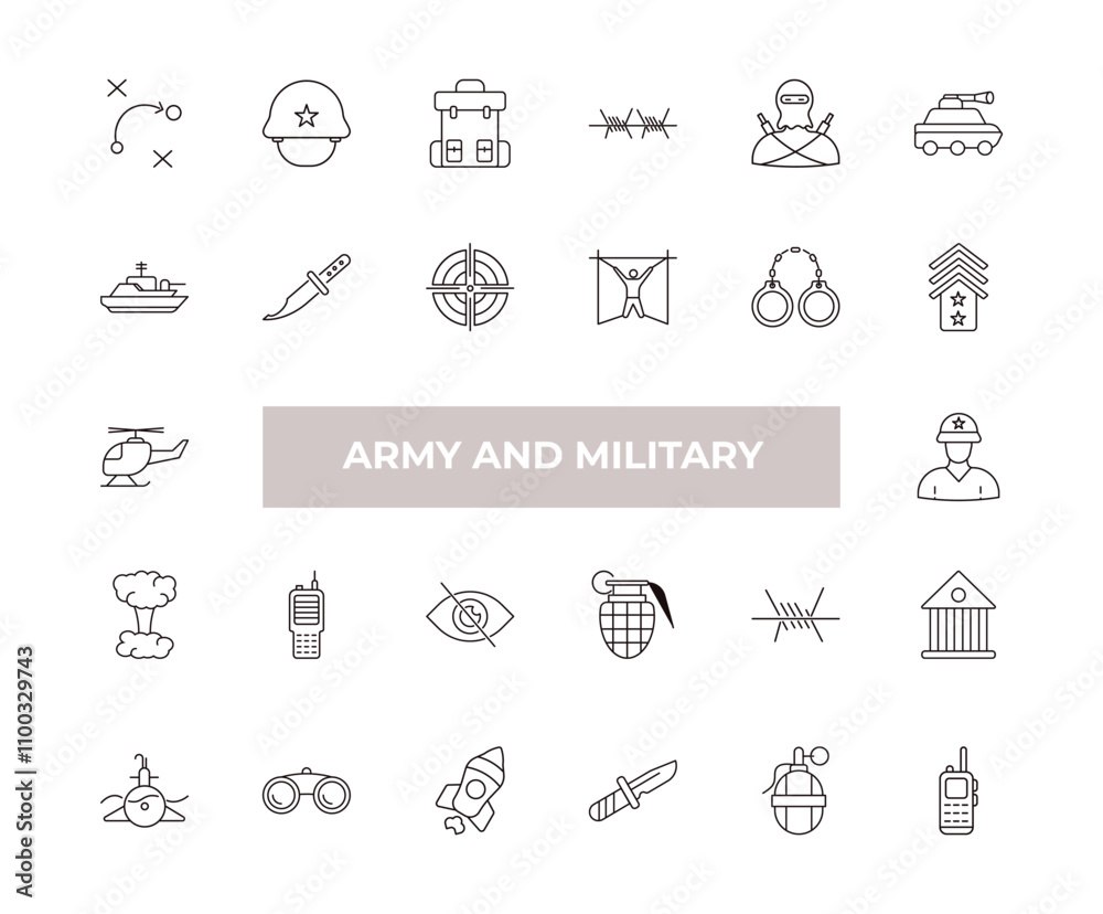 Fototapeta premium fully editable outline icon collection from army and military concept. thin line icons set such as strategy, military helmet, army boat, grenade launcher, walkie talkie,