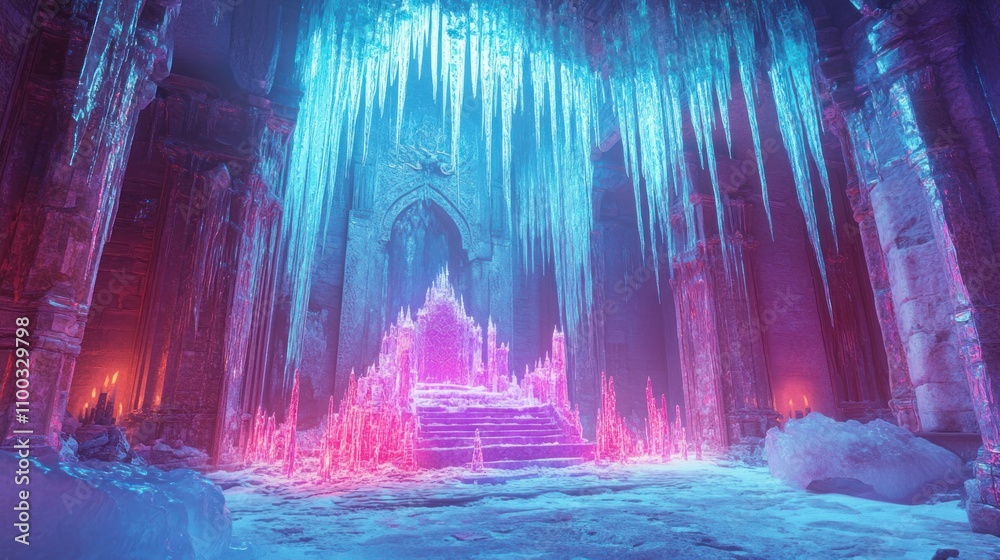 Obraz premium A mystical ice palace with vibrant icicles and a glowing throne, evoking enchantment.