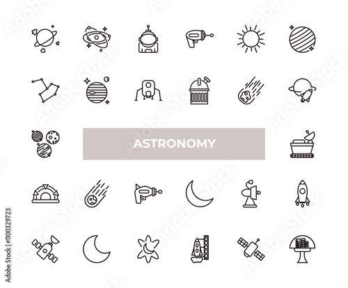 fully editable outline icon collection from astronomy concept. thin line icons set such as space junk, galaxy, constellation, space station, space colony,