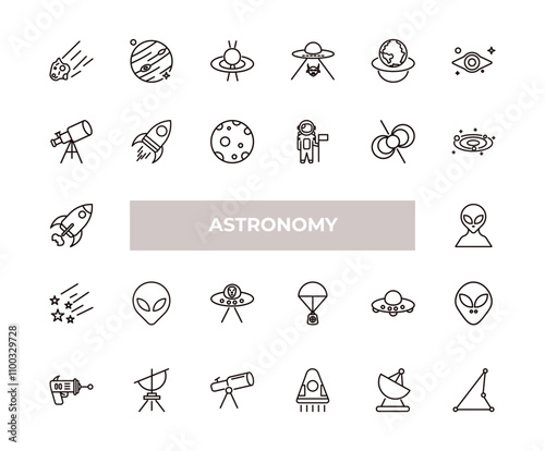 fully editable outline icon collection from astronomy concept. thin line icons set such as aerolite, jupiter with satellite, big telescope, radar pointing up, triangulam australe,