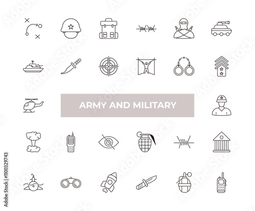 fully editable outline icon collection from army and military concept. thin line icons set such as strategy, military helmet, army boat, grenade launcher, walkie talkie,
