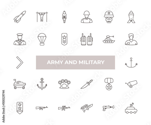 fully editable outline icon collection from army and military concept. thin line icons set such as missile, pull up, general, gun shooting, military satellites,