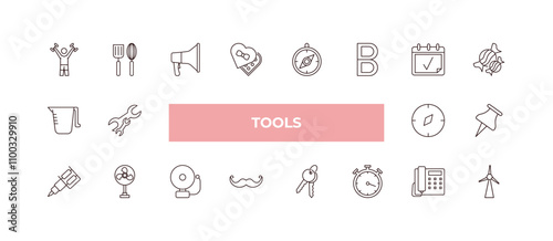 fully editable outline icon collection from tools concept. thin line icons set such as exercise with dumbbells, kitchen tools, pitcher with levels, modern telephone, windmills,