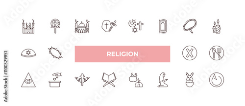 fully editable outline icon collection from religion concept. thin line icons set such as islamic mosque, gticism, yarmulke, easter bunny, asceticism,