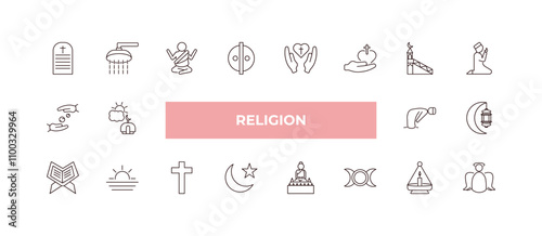 fully editable outline icon collection from religion concept. thin line icons set such as commandments, shower head and water, sadaqah, ner tamid, angel,