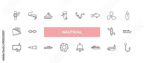 fully editable outline icon collection from nautical concept. thin line icons set such as water resist camera, ferry facing right, cruise ship, snorkling glasses, bait,