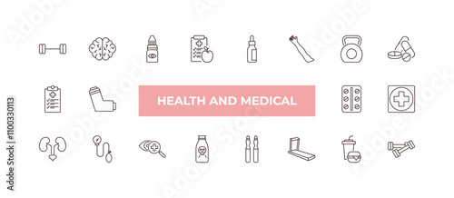 fully editable outline icon collection from health and medical concept. thin line icons set such as weightlifting, neurology, medical checklist, fast food, dumbbells,