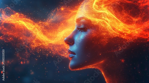 Person experiencing altered sensory input with fiery energy flowing around their face at night