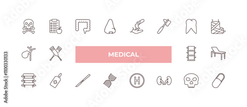 fully editable outline icon collection from medical concept. thin line icons set such as skull and bone, nutrionist, gallbladder, dead, pill,