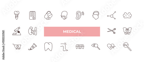 fully editable outline icon collection from medical concept. thin line icons set such as implants, notepad, microscope tool, cardiogram, diagtic,