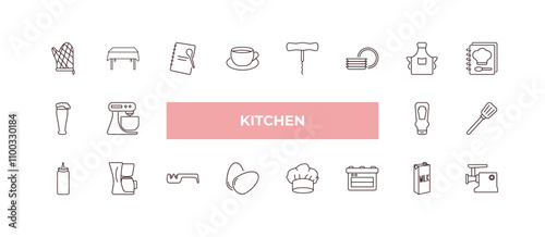 fully editable outline icon collection from kitchen concept. thin line icons set such as mitten, tablecloth, beer, milk, meat grinder,
